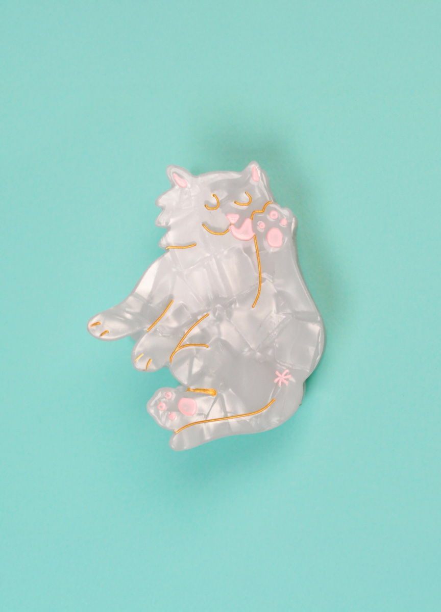 白貓舔毛造型髮抓